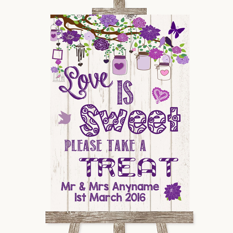 Purple & Silver Love Is Sweet Take A Treat Candy Buffet Wedding Sign 