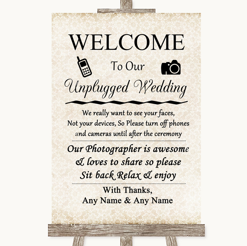 Wedding Sign Poster Print Rustic Floral Wood No Phone Camera Unplugged