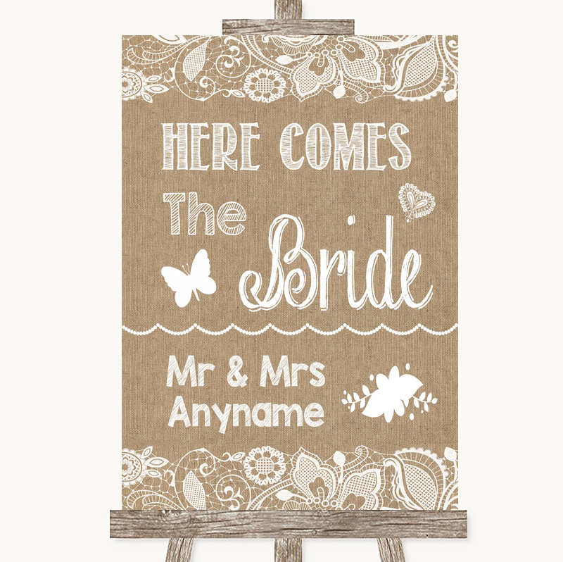 Wedding Sign Poster Print Coral Burlap & Lace Here Comes Bride Aisle Sign 
