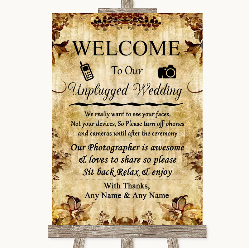 Wedding Sign Poster Print Rustic Floral Wood No Phone Camera Unplugged