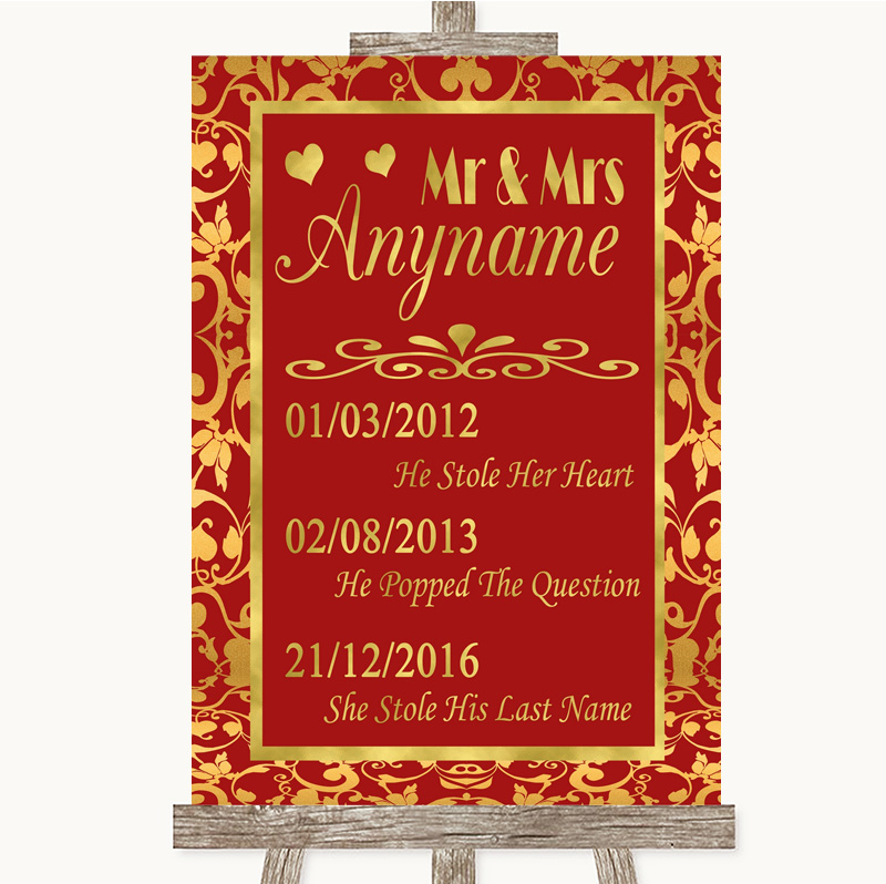 Red And Gold Special Important Dates Personalised Wedding Sign