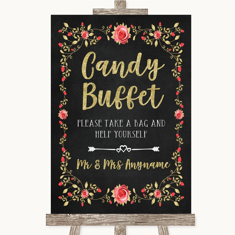 Wedding Sign Poster Print Chalkboard Style Pink Roses Candy Buffet 