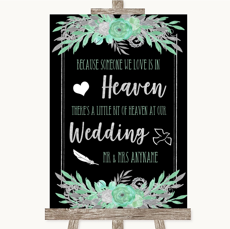Black Mint Green & Silver Heaven Loved Ones Personalised Wedding Sign 