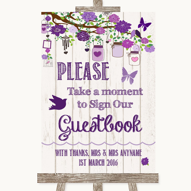 Purple Rustic Wood Take A Moment To Sign Our Guest Book Wedding Sign