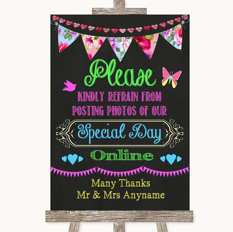 Bright Bunting Chalk Don't Post Photos Facebook Personalised Wedding Sign 